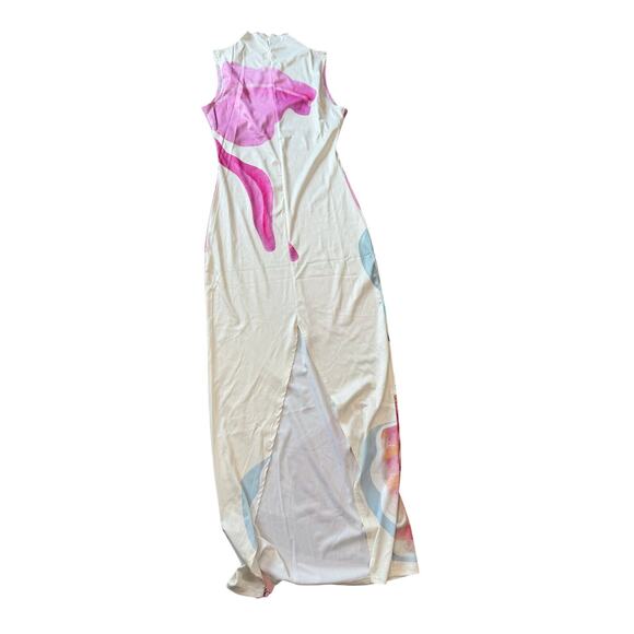 Micas Floral Print Mock Neck Slit Sleeveless Maxi Dress Elegant Stretch White M - Picture 4 of 9